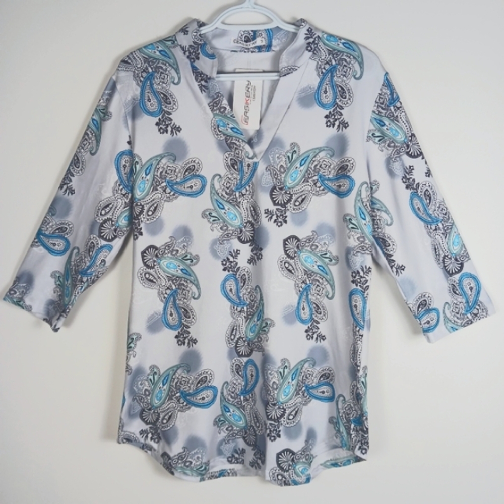 Paisley Pullover Top V-Neck Soft Stretch 3/4 Sleeves Women's Size M NWT